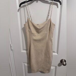 New Chic Beige suede Mini Dress with Chain Straps